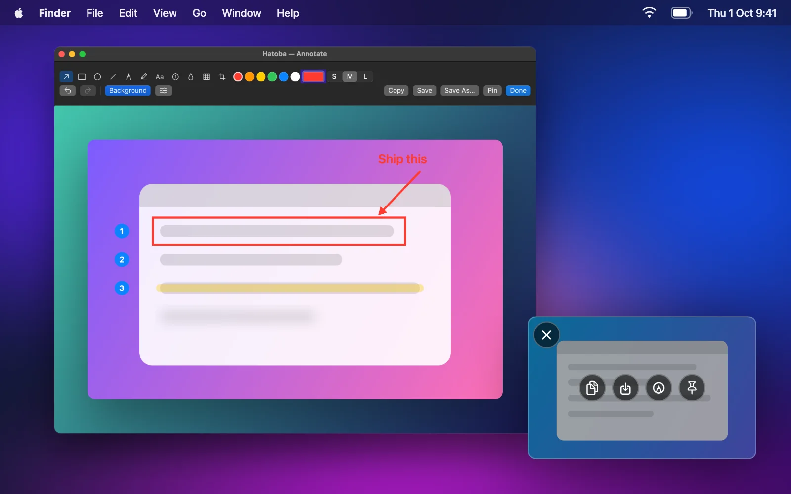 The annotation editor with an arrow, a box, numbered counters and a label on a gradient background, and a capture preview with copy, save, annotate and pin buttons.