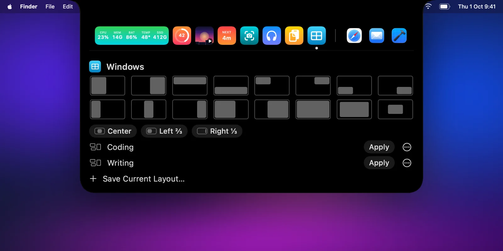 The Windows card: sixteen snap zones, three custom zones, and two saved layouts with Apply buttons.